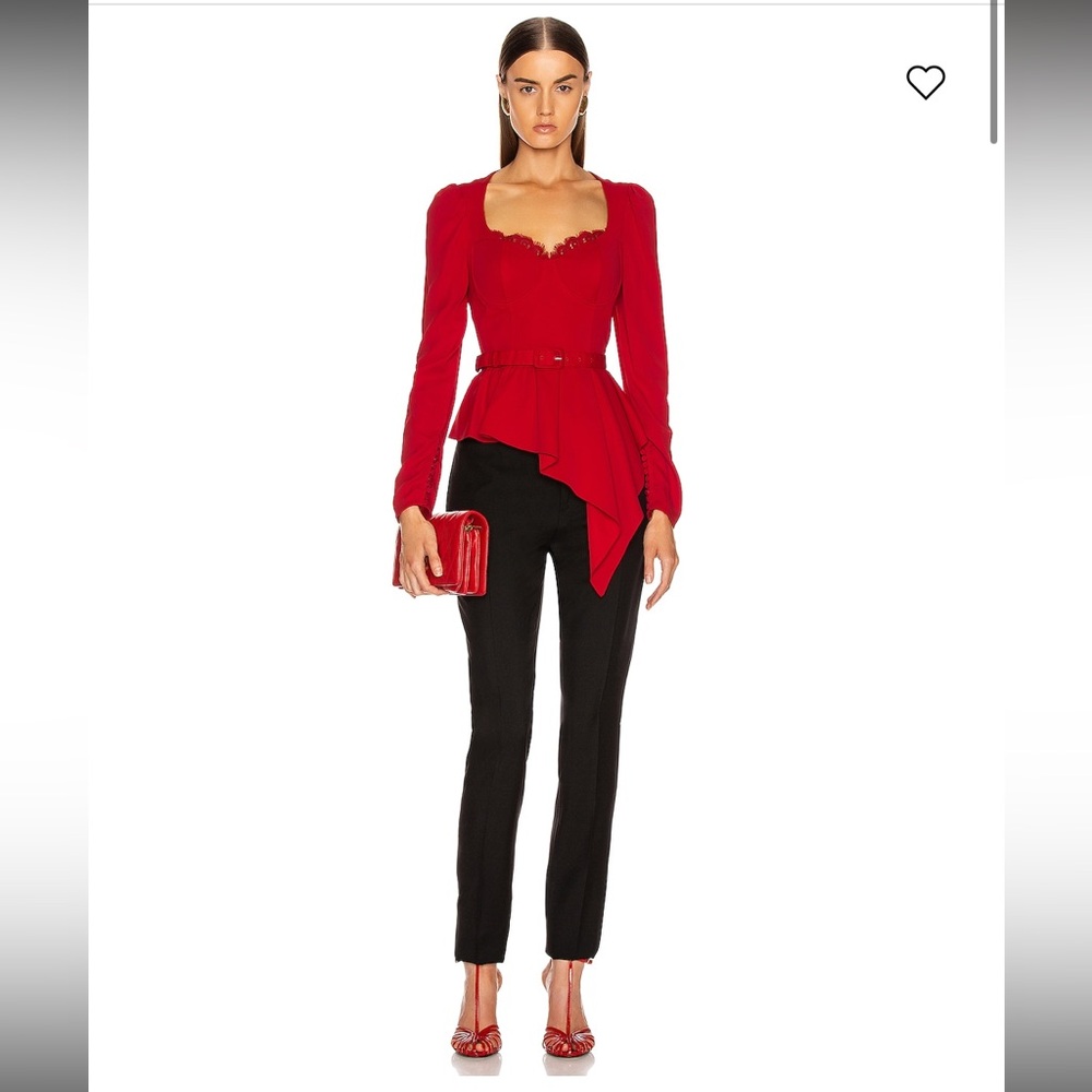 SELF PORTRAIT Red Crepe Peplum Corset Bustier Top Shirt Long-Sleeve Formal Sz 8 - Picture 5 of 16